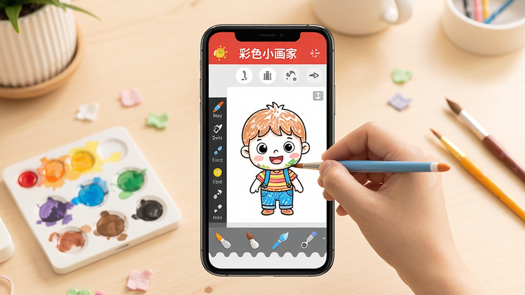 一张展示手机绘画应用界面的图片,画面中央是一部手机,屏幕里显示“彩色小画家”的绘画界面,有彩色调色盘、画笔工具栏和一张正在涂色的卡通线稿,背景是温馨的浅色桌面环境,主体突出,布局居中,风格清新明亮,细节丰富,画质干净清晰,无多余元素