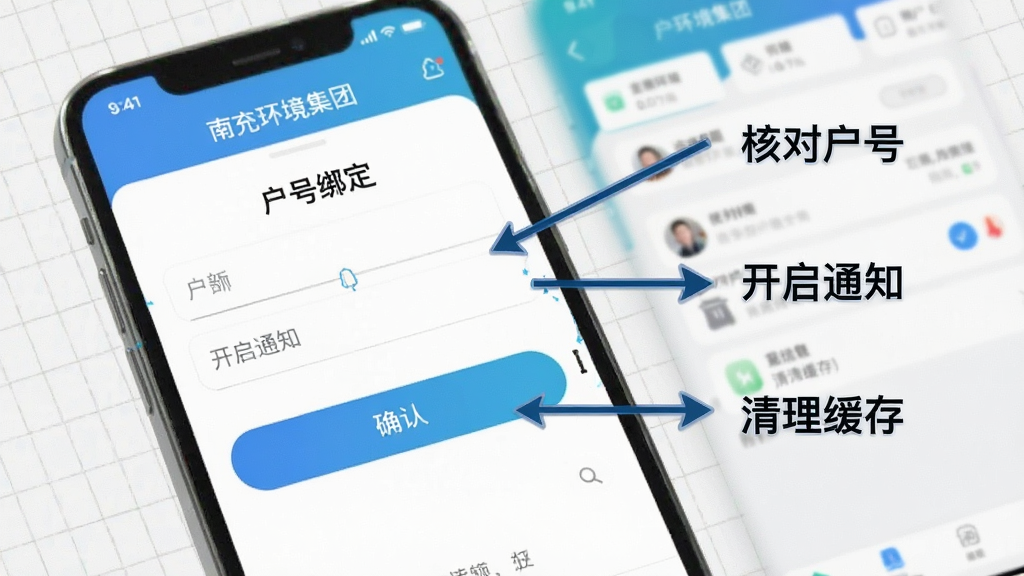 一张手机应用操作指引图,画面展示南充环境集团APP的户号绑定页面,有输入框和确认按钮,旁边用箭头标注出「核对户号」「开启通知」「清理缓存」三个提示标签,背景是浅色网格和手机设置界面的虚化元素,风格简洁明快,画质清晰干净,无多余元素