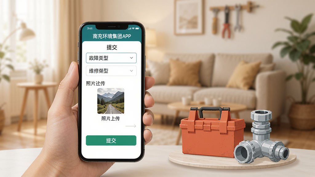 一张手机应用操作场景图,画面中一只手拿着手机,屏幕上显示南充环境集团APP的报修提交页面,有故障类型选择、照片上传框和提交按钮,旁边有维修工具箱和水管零件的插画元素,背景是温馨的家居环境虚化处理,风格写实偏扁平,画质干净明亮,无多余元素