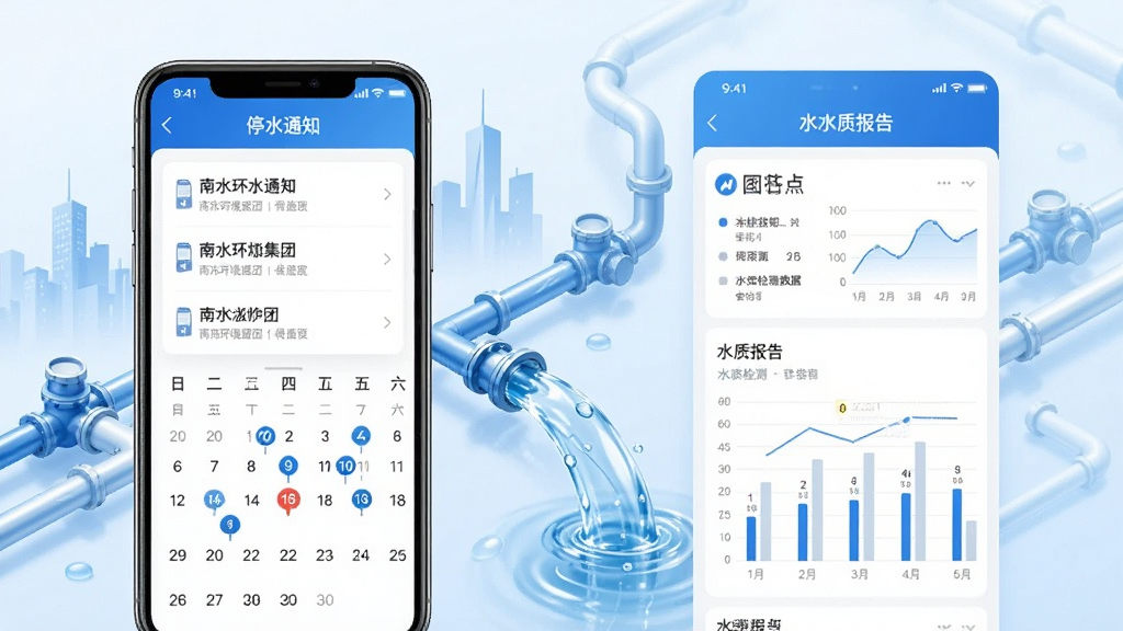 一张南充环境集团APP功能展示图,画面分为左右两部分,左侧是手机屏幕显示停水通知列表和日历标记,右侧是水质报告页面和水质检测数据图表,背景有城市供水管网和清水流动的抽象元素,整体色调以蓝色和白色为主,风格简洁现代,画质干净清晰,无多余元素