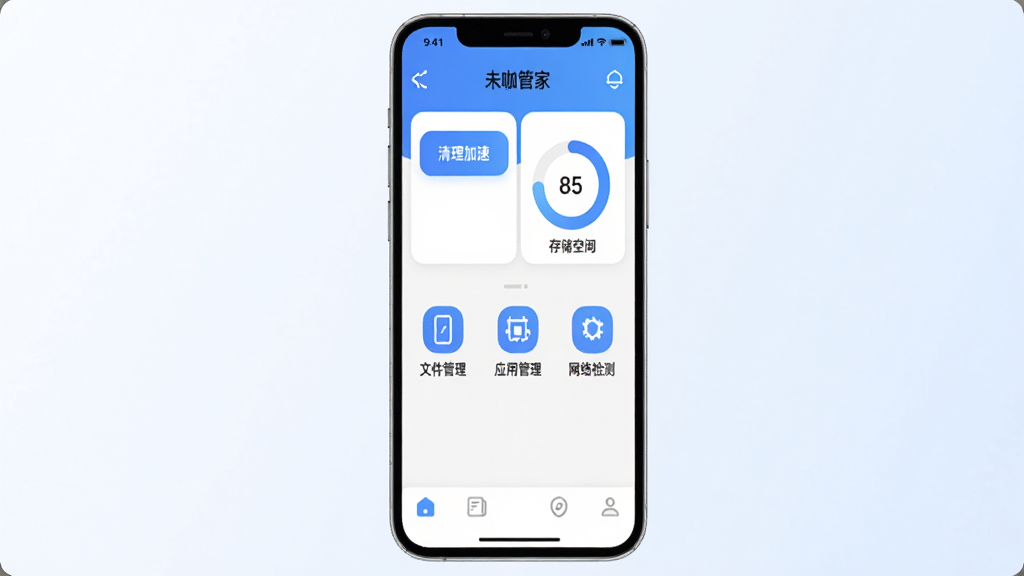 ����������һ���ִ���Լ�����ֻ����棬��Ļ��ʾ��δ���ܼҡ�APP��ҳ�棬�������������ٰ�ť�ʹ洢�ռ价��ͼ���в������ļ�������Ӧ�ù�����������ȹ���ͼ�꣬�ײ�Ϊ��ർ������������������ɫΪ���������Ǹɾ���ǳɫ���䣬����ƽ����ϸ��Բ�󣬻��������ɾ����޶���Ԫ��