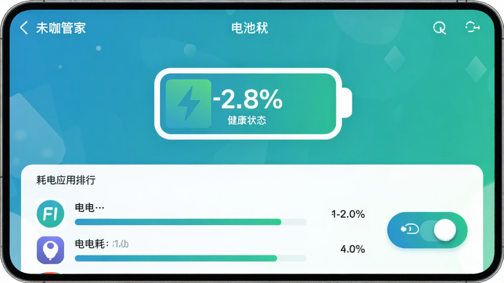 ����Ϊ��δ���ܼҡ���ع���ҳ�棬����һ����ĵ��ͼ����ʾ�����ٷֱȺͽ���״̬���·�Ϊ�ĵ�Ӧ�������б���ÿ��Ӧ�ô�ͼ��ͺĵ�ռ�������Ҳ���ʡ��ģʽ���ذ�ť����������ɫ����������ִ��������������Ű����룬�޶���Ԫ��
