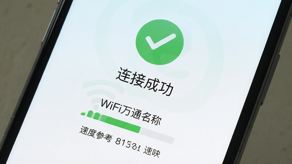 һ��չʾWiFi��ͨԿ�����ӳɹ�������ֻ����棬�ֻ���Ļ������ʾһ����ɫ�ĶԹ�ͼ��͡����ӳɹ������֣��·��е�ǰWiFi���ơ��ź�ǿ�������ٶȲο���ֵ������Ϊǳɫ���䣬�����ˬ��ƽ���������������ʸɾ��޶���Ԫ��