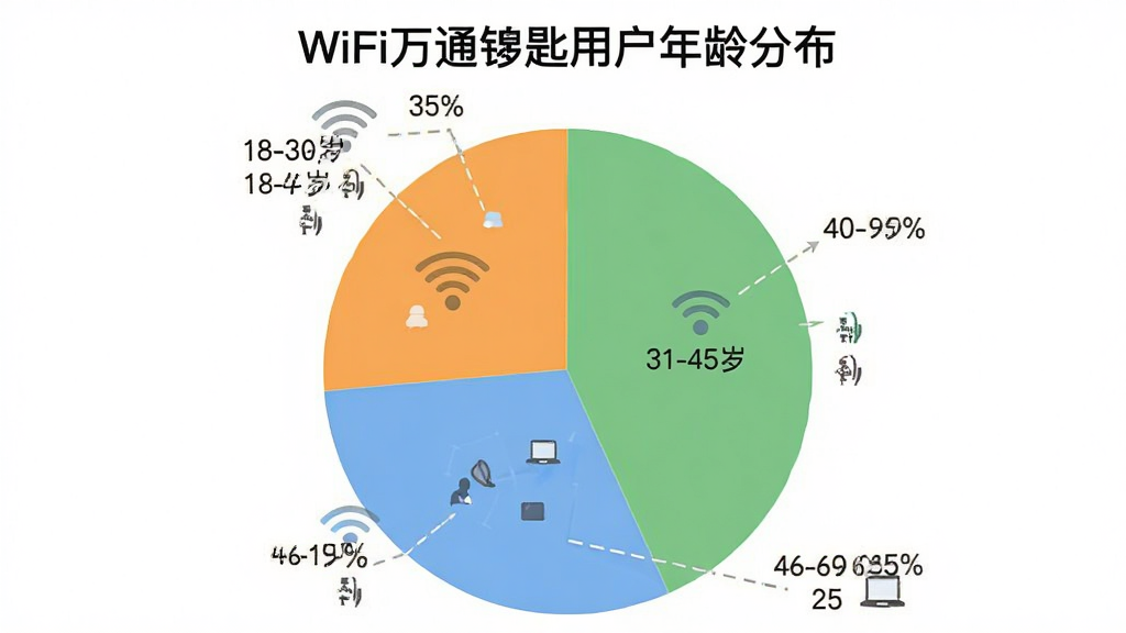 һ��չʾ��ͬ������û���WiFi��ͨԿ������ռ�ȵı�״ͼ��ͼ������Ϊ��WiFi��ͨԿ���û�����ֲ�����ͼ����ʾ18-30��ռ��Լ35%��31-45��ռ��Լ40%��46-60��ռ��Լ25%����ͼ��ɫ��ˬ�������ɾ����޶���װ��Ԫ��