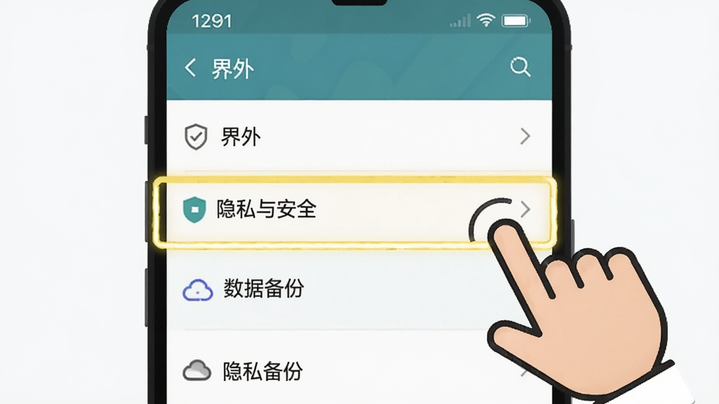 一张展示“界外”软件设置界面的截图风格示意图,画面中手机屏幕显示设置列表,高亮标注了“隐私与安全”和“数据备份”两个选项,旁边配有一个卡通手指正在点击的图标,背景简洁,风格扁平化,画质清晰