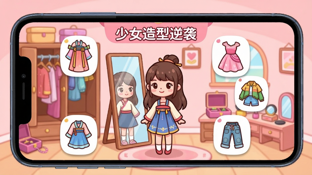 һ��չʾ�ֻ���Ļ�Ĳ廭����Ļ�����ǡ���Ů������Ϯ����Ϸ�Ļ�װ���棬һλ��ͨ��Ů��ɫվ�ھ���ǰ����ΧƯ���Ÿ��ַ��ķ�װͼ���纺�������������װ����������ܰ�ķ�ɫϵ���䣬�������������Ϊ���¿�ͨ�廭��ϸ�ڰ����¹����κС���ױ̨�����ʸɾ��������޶���Ԫ��