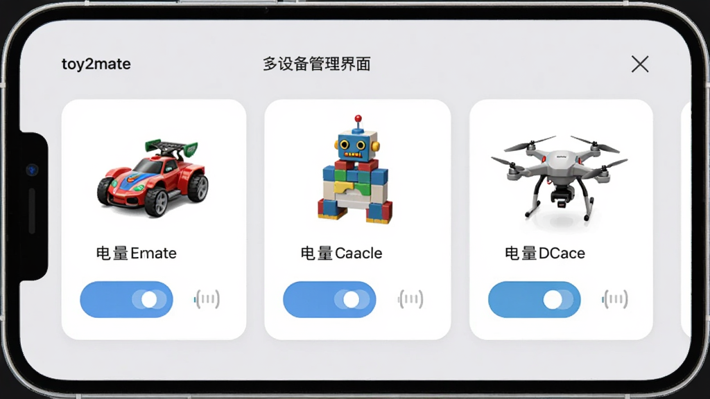 toy2mate���豸���������ʾ��ͼ���ֻ���Ļ��ʾ�����ӵ���������豸��Ƭ���ֱ��עң�س�����ľ�����˺����˻���ÿ����Ƭ���л����ư�ť�͵�����ʾ�����沼��������Ƭʽ��ƣ�������ǳ��ɫ��������ִ������ʸɾ��޶���Ԫ��