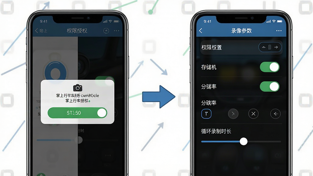 一张展示掌上行车记录仪安装设置流程的示意图,画面主体是手机屏幕分屏展示权限授权弹窗和录像参数设置界面,布局为左右两个手机屏幕并排、中间用箭头连接表示流程顺序,排版清晰展示步骤一和步骤二,风格为教程示意图风格,细节包含相机权限开关、存储权限开关、分辨率选项和循环录制时长滑块,画质干净清晰无多余元素