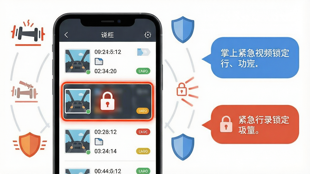 一张展示掌上行车记录仪紧急视频锁定功能的示意图,画面主体是手机屏幕特写,屏幕中显示视频文件列表,其中一个文件带有醒目的锁定图标和高亮边框,布局为手机居中、周围环绕急刹车图标和盾牌图标作为功能暗示,排版采用左右分栏左侧手机右侧功能说明气泡,风格为扁平化UI示意图,细节包含文件缩略图、时间戳和锁定状态标签,画质干净清晰无多余元素