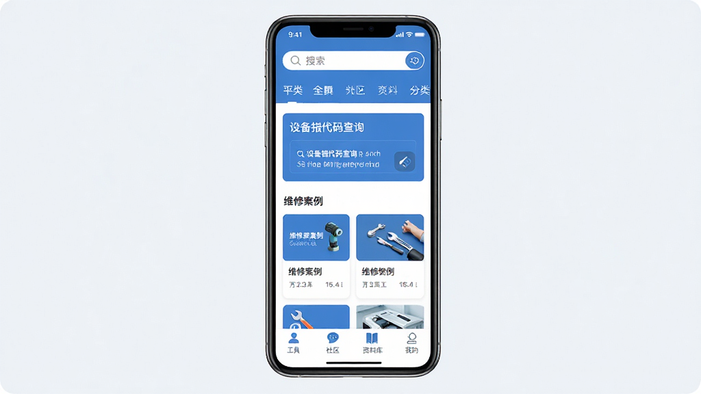 ��ҽ��App������ȫòչʾ���ֻ���Ļ������ʾҽ���豸ά�޹���ƽ̨��ҳ�������������ͷ��ർ�������ɼ����в����豸���������ѯ��ں�ά�ް�����Ƭ���ײ�Ϊ���ߡ����������Ͽ⡢�ҵ��ĸ�ѡ�������������ɫ��Ϊ���������רҵ����ƽ����ƣ�ϸ�ڸɾ������������޶���Ԫ��