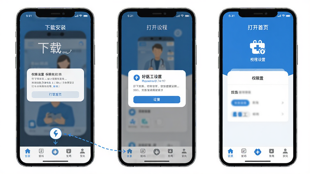 ��ҽ��App��װʹ������ʾ��ͼ���ֻ���Ļչʾ�����ذ�װ������ҳ�Ĳ��軭�棬����Ȩ�����õ����͵ײ���������ע������������ɫ��Ϊ������������ˣ���ƽ����ƣ�ϸ�����������ʸɾ��޶���Ԫ��