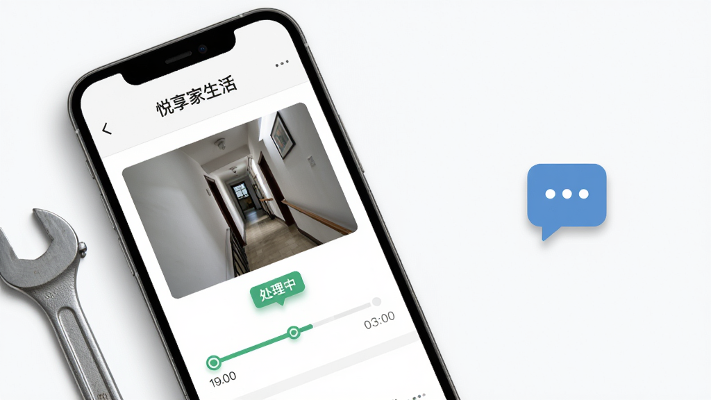 画面主体为一部手机屏幕特写,屏幕中展示“悦享家生活”的社区报事页面,页面中央有一张楼道照片的缩略图,下方有“处理中”的状态标签和进度时间轴;手机旁边放着一把扳手和一个对话气泡图标;布局为手机斜放在画面左侧,右侧留白处放置图标;排版简洁;风格为写实与扁平混合;细节上时间轴节点清晰、状态标签有轻微投影;画质干净,无杂乱元素