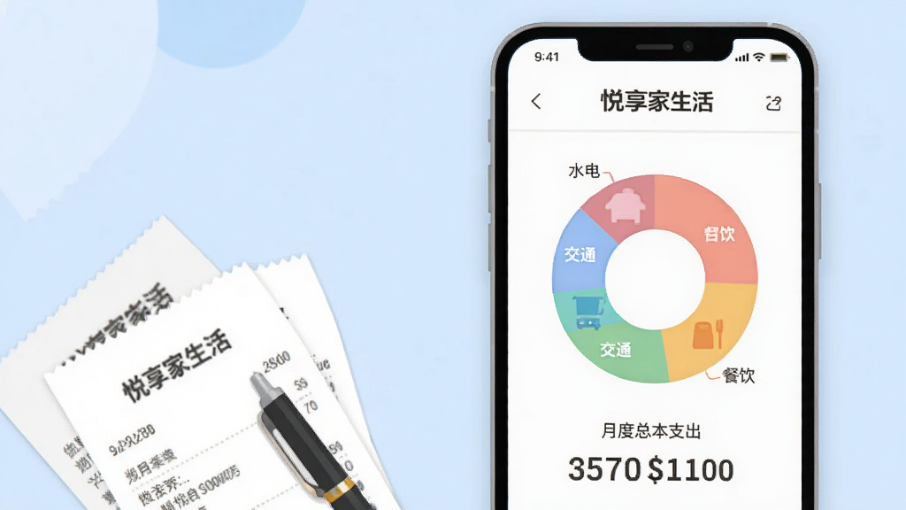画面主体为一部手机屏幕,屏幕中展示“悦享家生活”的家庭账本页面,页面中央是一个彩色环形饼图,饼图分块标注“水电”“餐饮”“日用”“交通”字样,下方有月度总支出数字;手机旁边散落着几张票据和一支笔;布局为手机居中偏右,票据在左下角;排版疏朗;风格为扁平化插画;细节上饼图色块柔和、数字清晰;画质干净,无多余元素