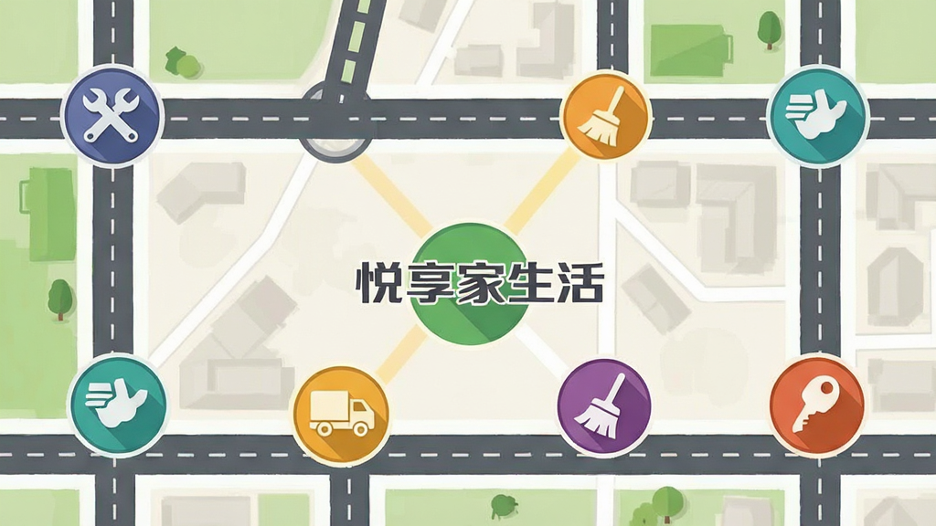 画面主体为一张地图俯视图,地图上标注着“悦享家生活”的周边服务图标,包括扳手代表维修、扫帚代表家政、卡车代表搬家、钥匙代表开锁;图标以圆形徽章形式分布在地图道路节点上;布局为地图铺满画面,图标错落有致;排版自然;风格为扁平化地图插画;细节上道路线条清晰、图标色彩区分明显;画质干净明亮,无多余元素