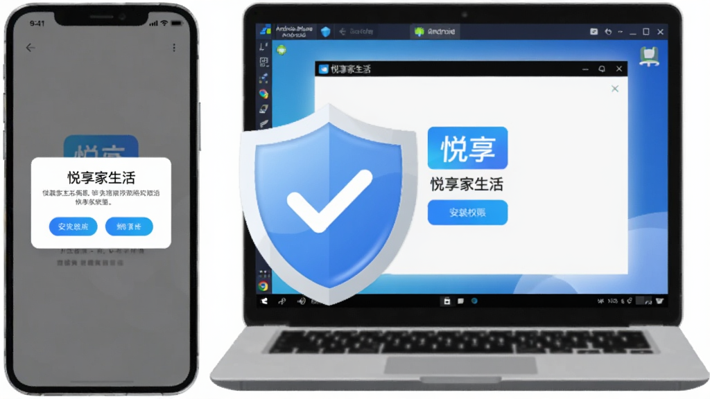 画面主体为一部手机和一台笔记本电脑并排摆放,手机屏幕显示“悦享家生活”的安装权限弹窗界面,电脑屏幕显示安卓模拟器运行该App的窗口;两者之间有一个带对勾的盾牌图标;布局为左手机右电脑,盾牌居中;排版平衡;风格为扁平化科技插画;细节上弹窗按钮清晰、盾牌有轻微光泽;画质干净,无多余元素
