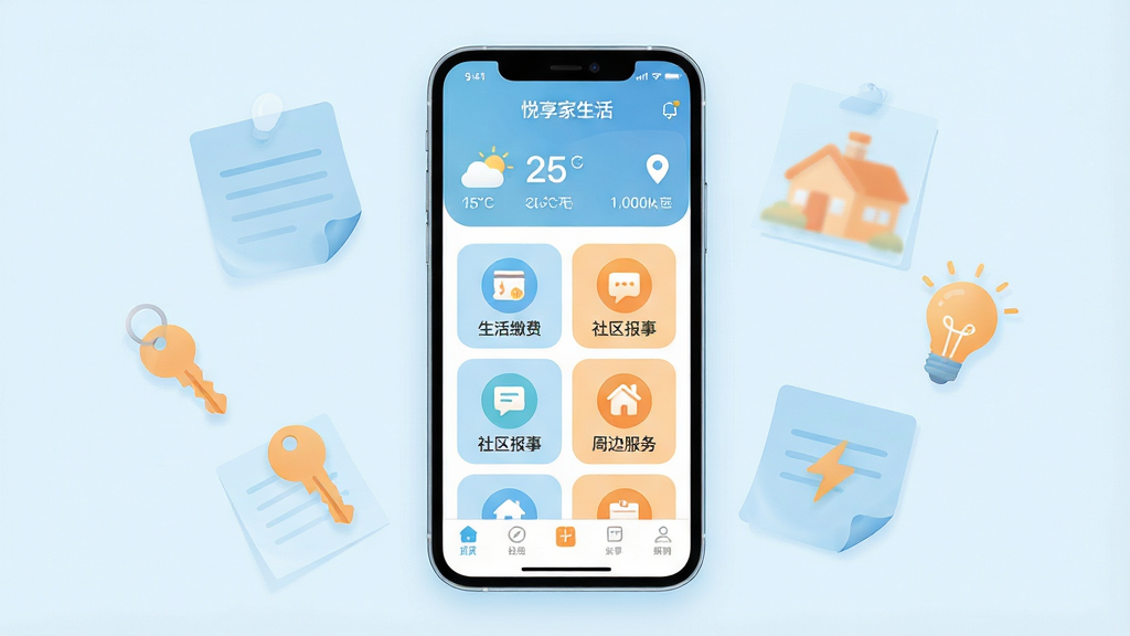 画面主体为一部竖屏手机,屏幕中展示“悦享家生活”App的首页界面,顶部有天气与定位信息,中部为网格状功能图标包含“生活缴费”“社区报事”“周边服务”,底部为导航栏;手机周围漂浮着半透明的便利贴、钥匙、灯泡等生活小物件;布局居中对称,手机占画面主体;排版干净清爽;风格为现代扁平化插画,色彩柔和明亮,以浅蓝与暖橙为主色调;细节上图标圆润、文字标签清晰;画质高清,画面干净,无多余元素