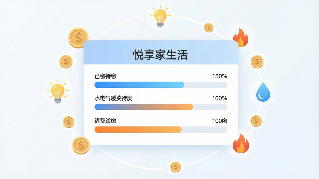 画面主体为一张悬浮的电子账单面板,面板上显示“悦享家生活”字样与水电气暖四项缴费进度条,进度条以蓝橙双色区分已缴与待缴;面板周围环绕着硬币、灯泡、水滴和火焰的小图标;布局上账单面板居中,图标呈环形分布;排版清晰有层次;风格为扁平化信息图;细节上进度条有细微渐变、数字标签明确;画质干净锐利,无多余元素