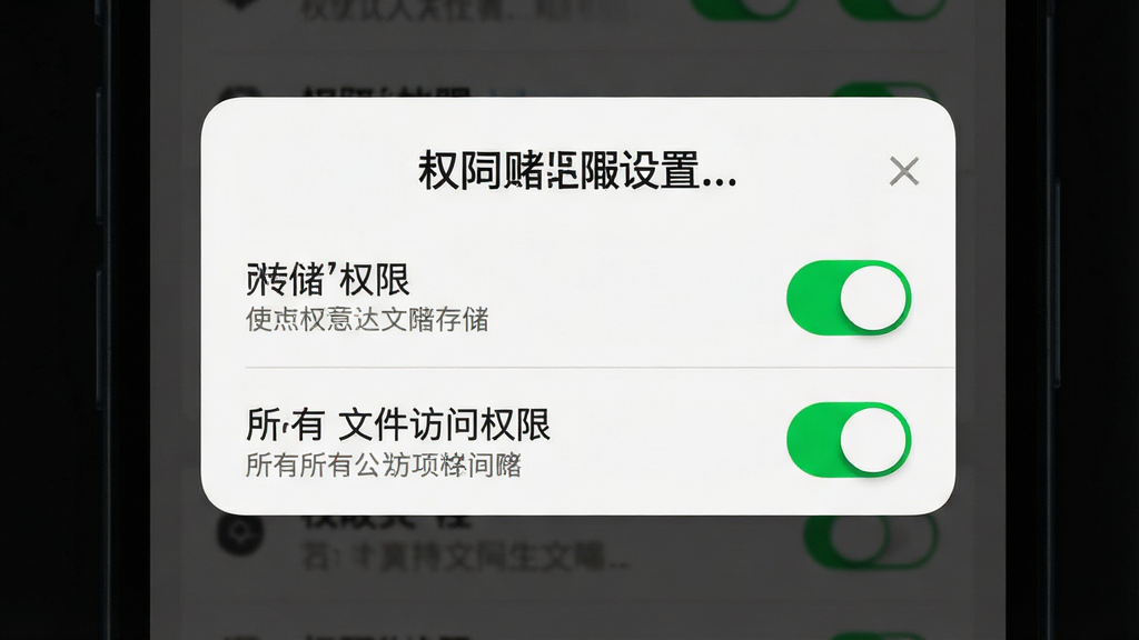 一张展示RE文件管理权限设置引导页面的生图,主体为手机屏幕特写,屏幕内显示一个权限请求弹窗,弹窗内列出存储权限和所有文件访问权限的开关选项,布局居中,风格为系统原生卡片风,细节上开关按钮为绿色高亮状态,文字标签为中文提示,画质干净清晰,背景为深色遮罩,无多余元素