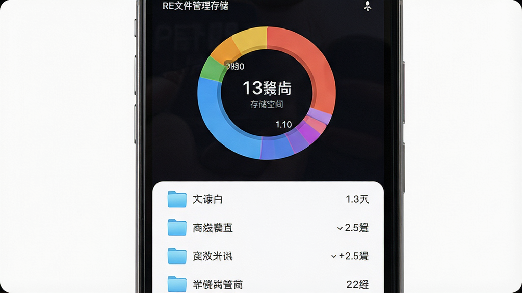 一张展示RE文件管理存储分析功能的生图,主体为手机屏幕,屏幕内显示一个环形存储空间占比图表,下方列出按大小排序的文件夹列表,布局为上下结构,风格为现代数据可视化风,细节上图表颜色区分明显,文字标签为中文,画质干净清晰,背景为白色,无多余元素