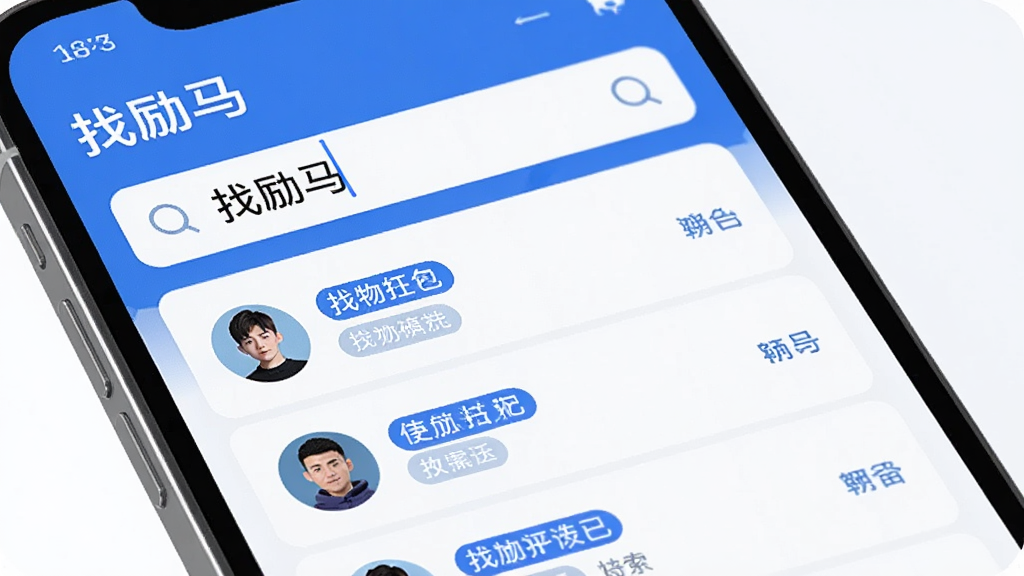 一张手机屏幕特写图,画面中“找励马”APP的搜索框内输入了文字,下方弹出多个匹配的结果列表,列表项带有头像和标签,界面以蓝白色调为主,风格清爽现代,画质干净,突出智能匹配的科技感