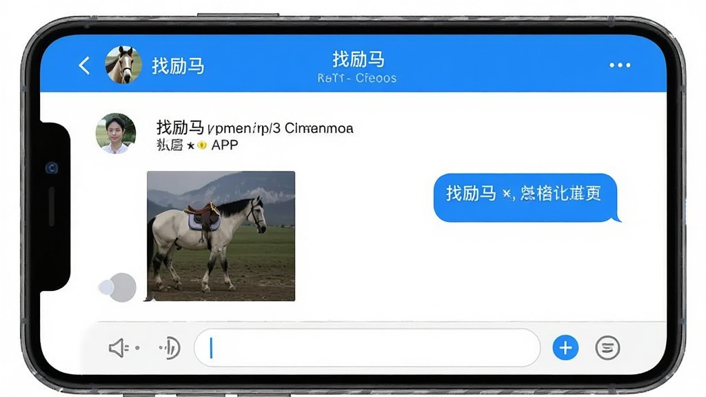 一张手机聊天界面示意图,画面中显示“找励马”APP内的对话窗口,左侧是对方发来的文字和一张图片,右侧是用户回复的文字,界面顶部显示对方昵称和状态,底部是输入框,整体风格简洁无广告,蓝白配色,画质干净