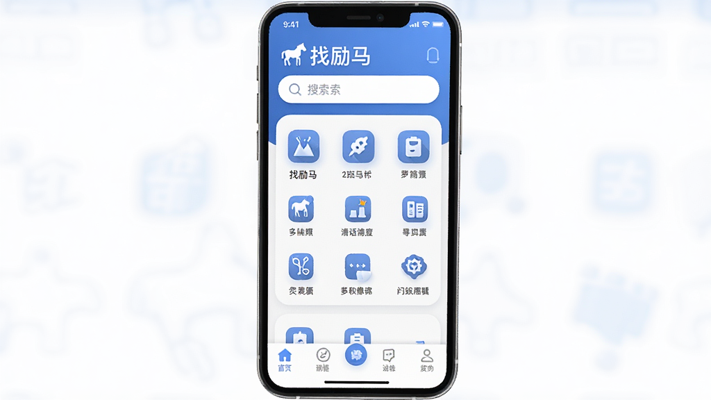 一张手机应用界面展示图,画面中央是“找励马”APP的主页,布局简洁明了,顶部是搜索栏,中间是功能分类图标区,底部是导航栏,整体色调以蓝白为主,风格现代扁平,细节圆润,画质干净清晰,无多余元素