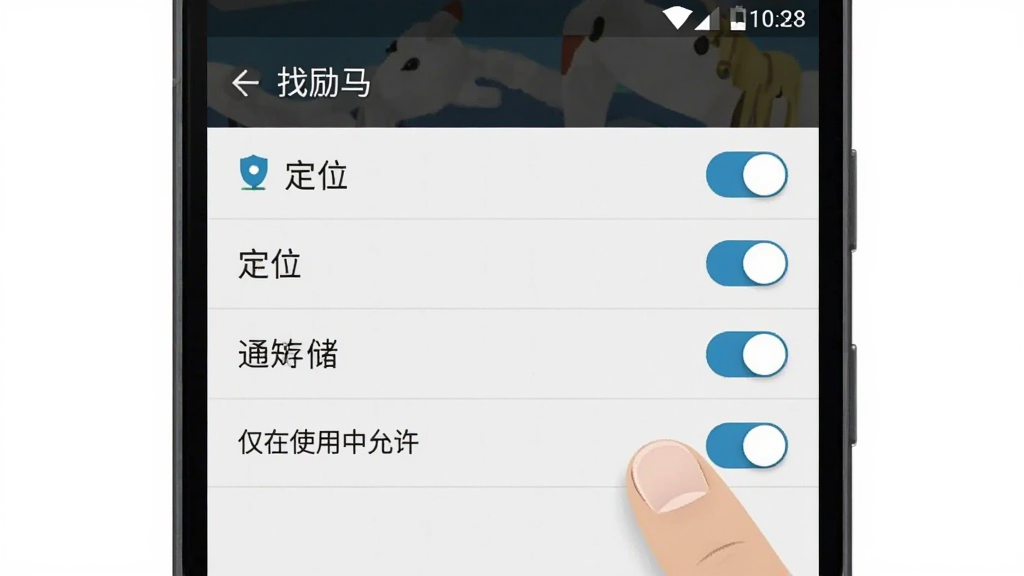 一张手机设置界面的示意图,画面中显示“找励马”APP的权限管理页面,包含定位、存储、通知等开关选项,旁边有手指正在点击“仅在使用中允许”的选项,界面风格为安卓原生设置风格,画质清晰干净