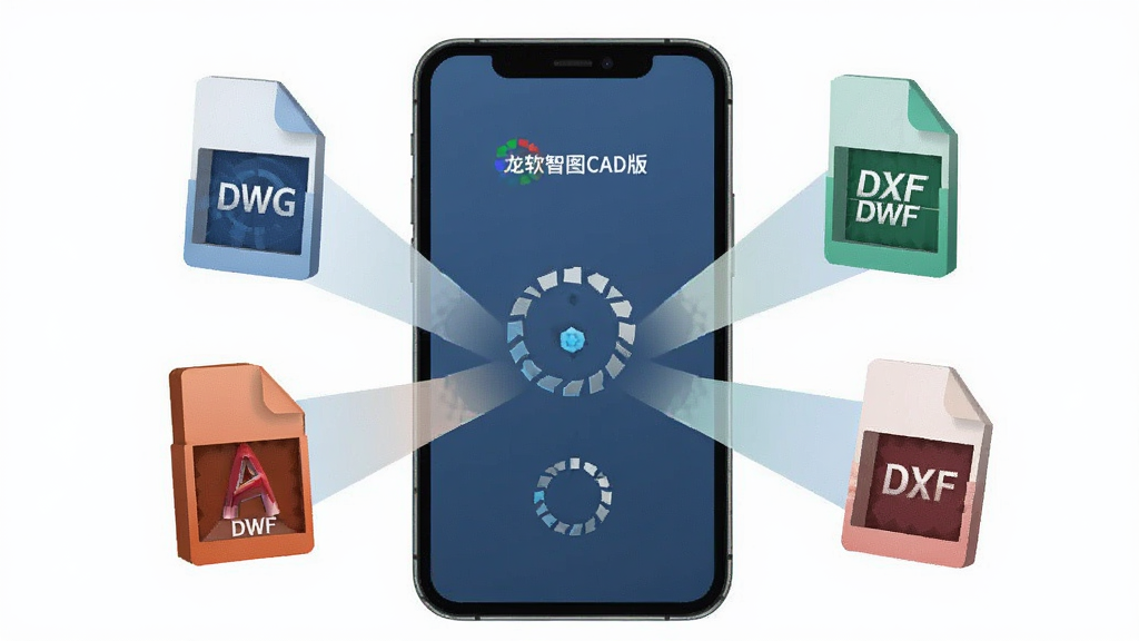一张展示“龙软智图CAD版”格式兼容性的示意图,画面中央是一部手机,手机屏幕上同时展示着三种不同格式的CAD文件图标(DWG、DXF、DWF)正在被吸入手机屏幕,布局以手机为中心呈放射状排列文件图标,风格为科技感扁平插画,细节包括文件图标的立体感和屏幕上的加载动画效果,画质清晰,干净无多余元素