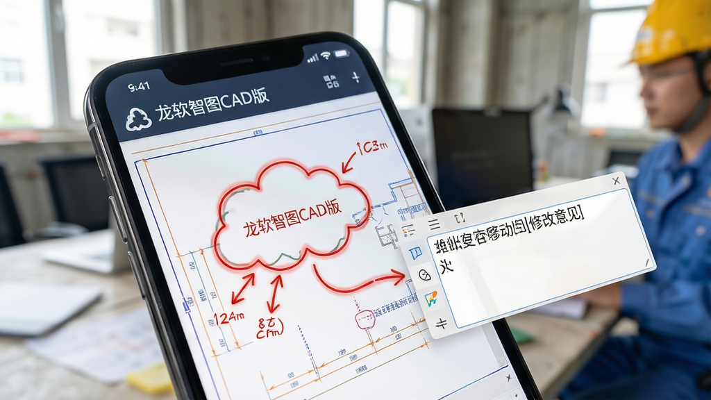 一张展示“龙软智图CAD版”批注功能的场景图,画面主体是手机屏幕特写,屏幕上显示一张CAD图纸上画着红色的云线批注和箭头标注,旁边有一个文字输入框正在输入修改意见,布局突出批注工具和图纸内容的结合,风格为工程现场办公场景摄影,细节包括批注线条的颜色和文字框的清晰度,画质干净明亮,无多余元素
