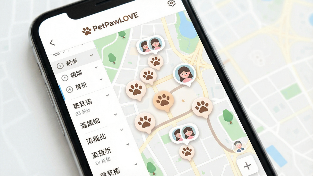 一张PetPawLOVE同城遛宠地图功能展示图,主体为手机屏幕特写,屏幕中央显示一张城市地图界面,地图上标注了多个宠物爪印图标和用户头像气泡,布局左侧为筛选条件栏、右侧为地图主视图,排版简洁直观,风格为轻量级地图UI设计,细节上路径线条柔和、图标可爱圆润,画质干净明亮,画面中带有「PetPawLOVE」文字标识