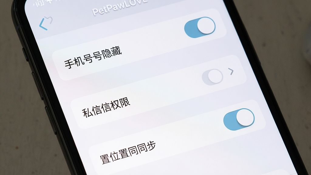 一张PetPawLOVE隐私设置界面的手机截图风格图片,主体为手机屏幕特写,屏幕上显示隐私设置面板,布局从上到下依次为手机号隐藏开关、私信权限选项和位置同步开关,排版整齐一目了然,风格为简洁设置页UI,细节上开关按钮为圆角设计、配色柔和,画质干净清晰,画面中带有「PetPawLOVE」文字标识