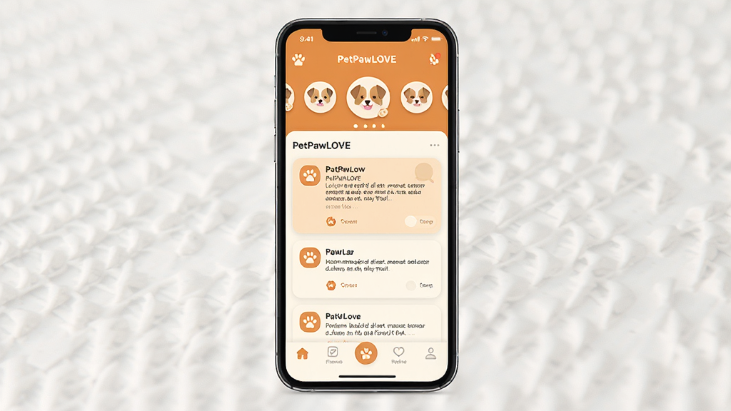一张展示PetPawLOVE软件首页界面的手机截图风格图片,主体是一部居中摆放的智能手机,屏幕上显示PetPawLOVE应用主界面,布局包含顶部宠物头像轮播、中部动态信息流卡片和底部导航栏,排版清晰有序,风格为现代扁平化UI设计,细节上图标圆润、色彩以暖橙色和米白色为主,画质干净清晰,无多余元素