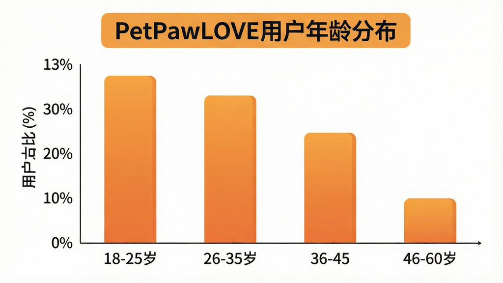 一张PetPawLOVE用户年龄分布柱状图,主体为数据图表,布局为横轴标注年龄段18-25岁、26-35岁、36-45岁、46-60岁,纵轴标注用户占比百分比,柱状条高度分别对应约35%、30%、22%、13%,排版清晰有标题栏,风格为扁平化信息图表设计,细节上柱体颜色为暖橙色渐变、坐标轴标签清晰可读,画质干净无多余装饰元素,图表顶部带有「PetPawLOVE用户年龄分布」文字标识