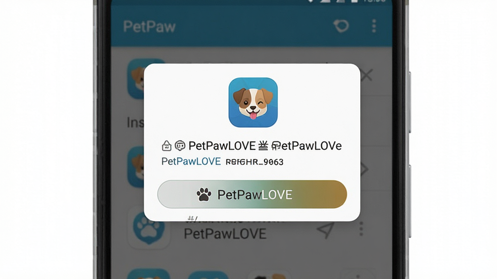 一张PetPawLOVE安装与权限设置引导图,主体为手机屏幕特写,屏幕上显示安卓系统的权限申请弹窗和PetPawLOVE图标,布局为弹窗居中、背景为应用界面虚化,排版简洁明了,风格为系统UI与App界面结合,细节上权限按钮高亮显示、图标清晰,画质干净无杂乱元素,画面中带有「PetPawLOVE」文字标识