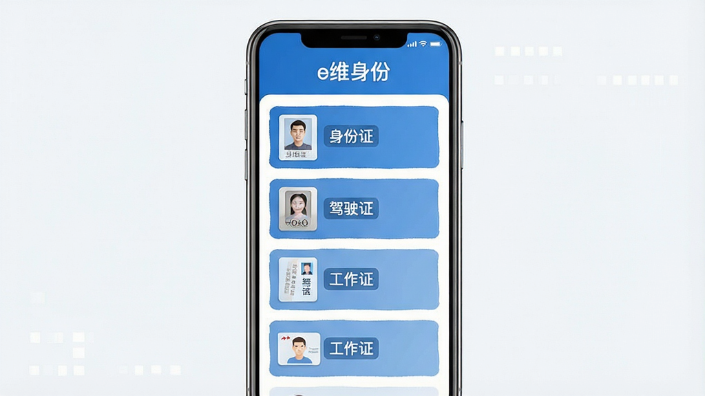 一张展示e维身份凭证管理界面的示意图,画面主体为手机屏幕,屏幕内显示“e维身份”标题与多个分类卡片,卡片上标注身份证、驾驶证、工作证等文字标签,布局为纵向列表,风格简洁商务,配色以蓝白为主,细节干净,画质清晰,无多余元素