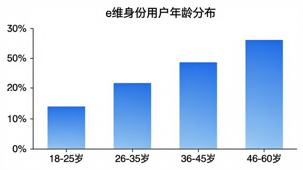 一张展示e维身份用户年龄分布的柱状图,横轴为年龄段“18-25岁”“26-35岁”“36-45岁”“46-60岁”,纵轴为用户占比百分比,柱体颜色为蓝色渐变,图表标题为“e维身份用户年龄分布”,风格简洁数据可视化,背景白色,画质干净,无多余元素