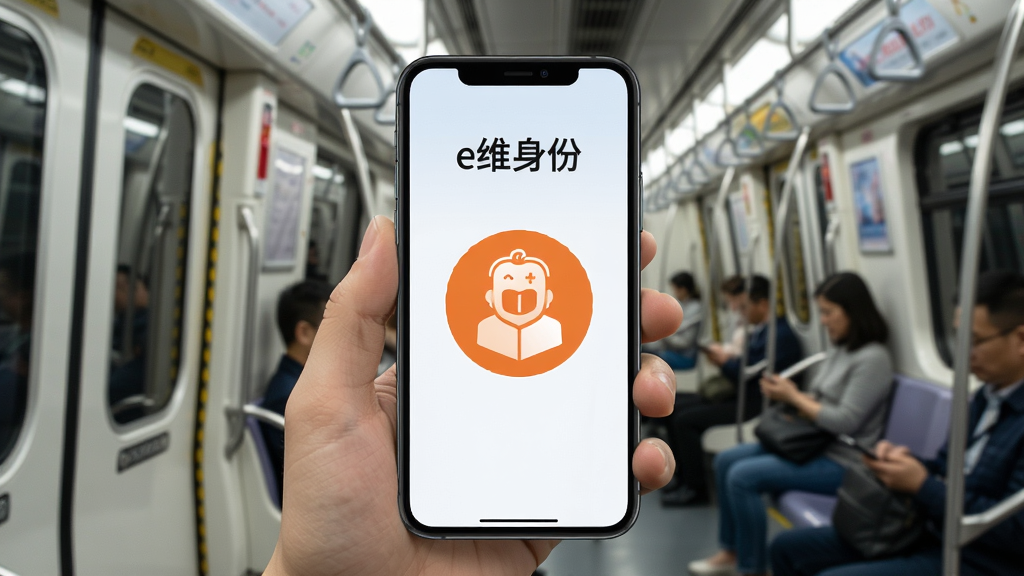 一张展示e维身份离线使用场景的示意图,画面主体为手机屏幕,屏幕内显示“e维身份”标题与一个醒目的离线可用标识,背景为地铁车厢内部环境,风格生活化,细节真实,画质干净,无多余元素