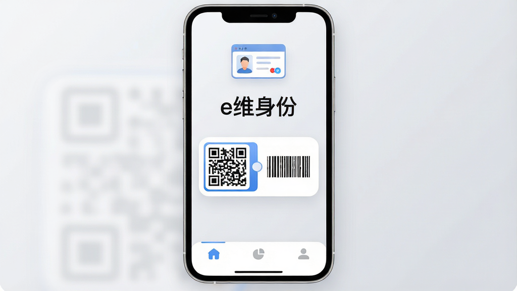 一张展示e维身份应用核心界面的手机样机图,画面中央是手机屏幕,屏幕内显示“e维身份”四个字作为应用标题,顶部有身份凭证卡片图标,中部为二维码与条形码切换区域,底部为三个简洁的导航标签,背景为浅灰渐变,风格现代扁平,细节圆润,画质干净清晰,无多余装饰元素