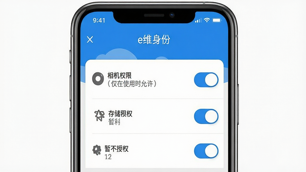一张展示e维身份权限设置界面的示意图,画面主体为手机屏幕,屏幕内显示“e维身份”标题与权限开关列表,相机权限旁标注“仅在使用时允许”,存储权限旁标注“暂不授权”,风格清晰直观,配色以蓝白灰为主,画质干净,无多余元素