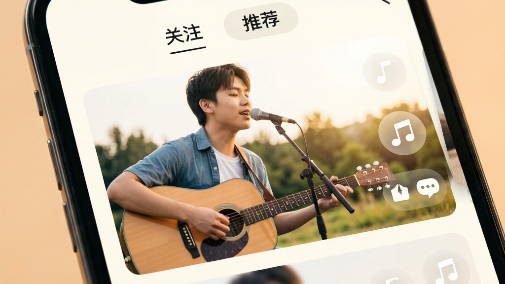 短视频信息流界面特写,手机屏幕内展示上下滑动的视频卡片,画面中一位年轻人在户外弹吉他唱歌,右侧有音符图标和互动按钮,顶部标签栏显示关注和推荐两个选项,整体色调温暖明亮,风格简约现代,画质干净清晰无多余元素