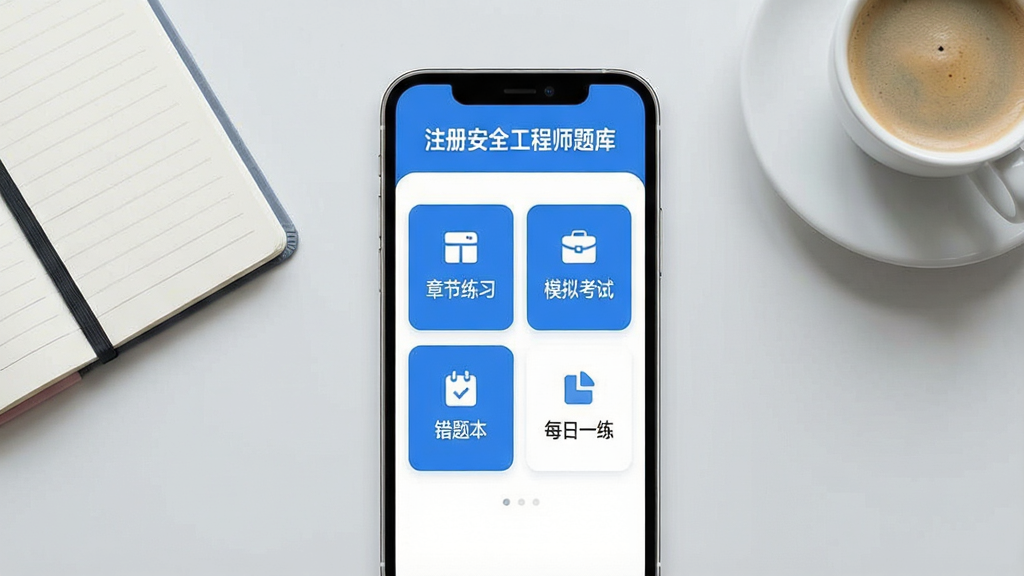 一张展示注册安全工程师题库手机应用界面的整体效果图,画面中央是一部竖屏智能手机,屏幕内显示应用首页,顶部有