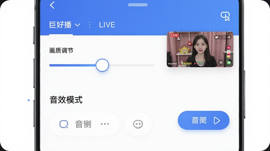 手机界面显示画质调节滑块和音效模式选项,旁边有直播画面小窗预览,界面布局清晰,按钮圆润,配色以蓝白为主,带