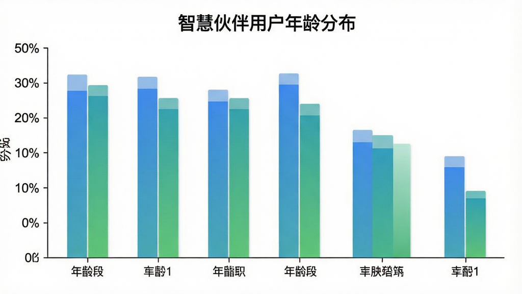 一张展示不同年龄段用户占比的柱状图,图表标题为“智慧伙伴用户年龄分布”,横轴为年龄段标签,纵轴为百分比,柱子颜色为蓝绿渐变,背景干净白色,风格简洁数据可视化,文字清晰,画质干净无多余元素