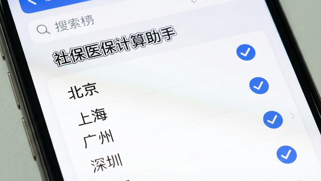 一张手机屏幕特写图,画面中显示“社保医保计算助手”的城市选择界面,列表中有北京、上海、广州、深圳等城市名称,右侧有勾选状态,背景为白色卡片式设计,顶部有搜索框,整体风格清爽,文字清晰,画质干净