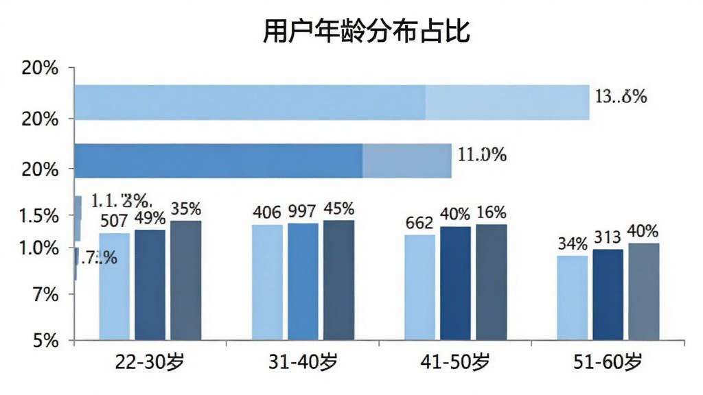 一张横向柱状图,展示“社保医保计算助手”用户年龄分布,横轴为年龄段22-30岁、31-40岁、41-50岁、51-60岁,纵轴为人数占比百分比,柱体颜色分别为浅蓝、中蓝、深蓝、灰蓝,图表上方有标题“用户年龄分布占比”,背景为白色,数据标签清晰,整体风格简洁商务,画质干净