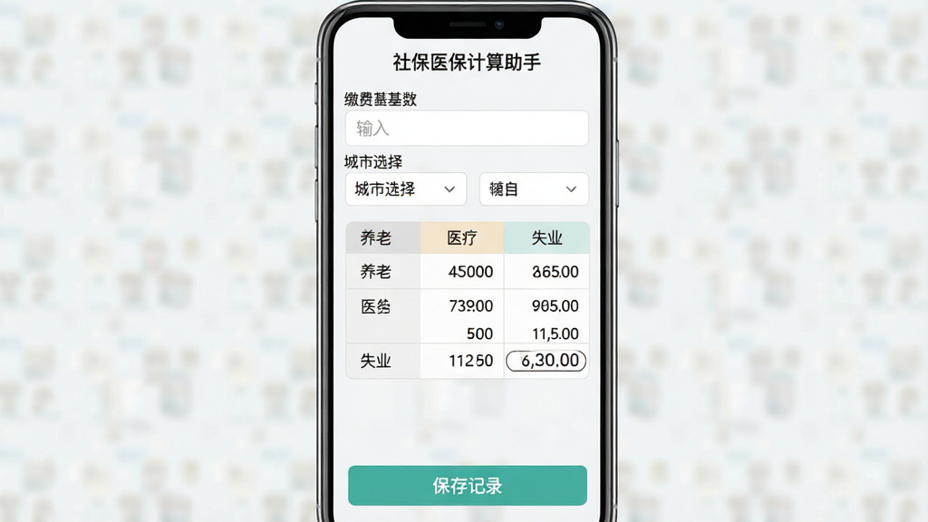 一张手机应用操作示意图,画面展示“社保医保计算助手”的计算结果页面,上方为缴费基数输入框和城市选择,中间为养老、医疗、失业三行分项数据表格,表格内数字清晰,底部有“保存记录”按钮,背景为浅色,整体布局规整,画质干净无杂乱元素