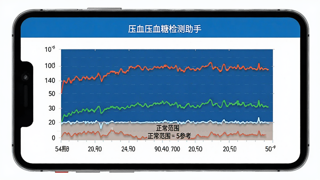 血压血糖检测助手软件内的趋势图表页面,屏幕上显示血压和血糖两条不同颜色的折线图,横轴是日期纵轴是数值,图表下方有正常范围参考线标注,界面排版简洁,蓝白配色,画质清晰干净