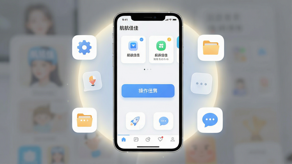 一张手机应用商店风格的主图,画面中央展示一部智能手机,屏幕上打开着名为“航航佳佳”的软件界面,界面设计简洁,以浅色背景为主,顶部有功能卡片,中间是醒目的操作按钮,底部是导航栏,手机周围有柔和的光晕和悬浮的功能图标如齿轮、文件夹、消息气泡,整体风格清新现代,画质清晰干净,无多余杂乱元素
