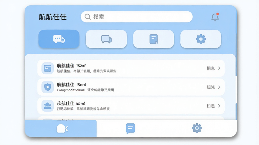 一张软件功能界面的截图风格展示图,画面主体是“航航佳佳”的首页布局,上方是搜索框和几个圆角矩形功能入口,中间是信息列表,下方是三个底部标签栏,整体采用浅蓝与白色搭配,图标线条简洁圆润,界面边缘有轻微阴影,风格扁平化设计,画质干净清晰,无多余装饰元素