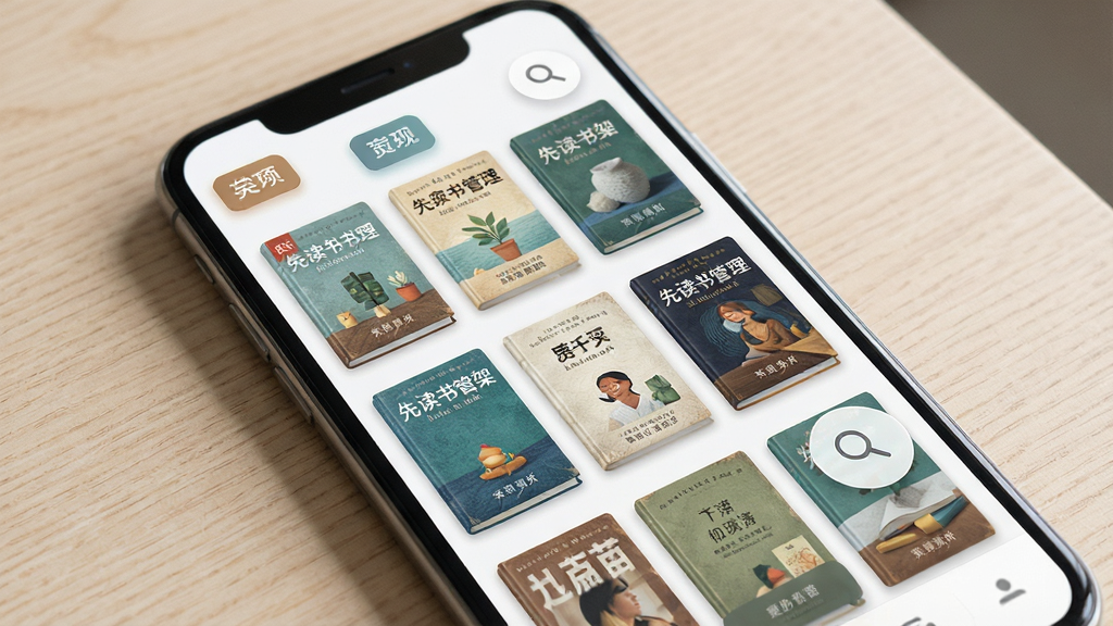 一张展示“先读”书架管理功能的场景图,画面主体为手机屏幕内网格状书架,每本书封面清晰,左上角有分类标签,屏幕右侧悬浮一个搜索放大镜图标,布局上手机居中略微倾斜,背景为浅色木纹桌面,排版突出书架网格与操作按钮,风格为清新生活化数码场景,细节包括封面纹理可见、按钮边缘柔和、光影自然,画质清晰、画面干净、无杂乱元素。